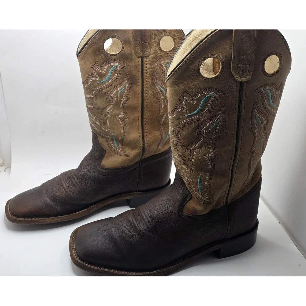 Old West Kids Size 5Y Western Cowboy Boots Tan Leather Square Toe
